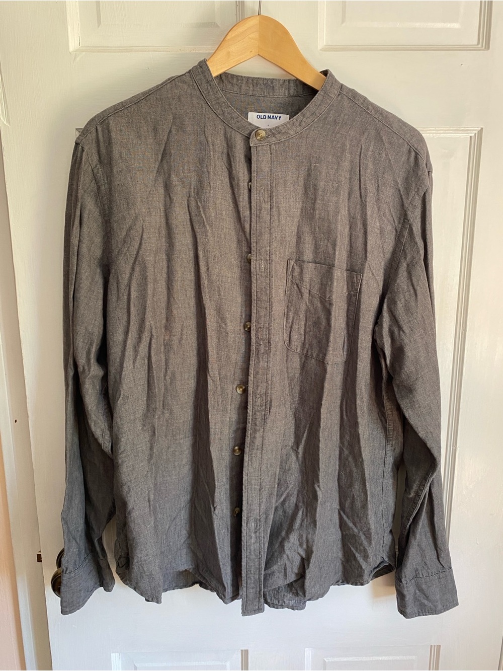 Grey linen collarless button down